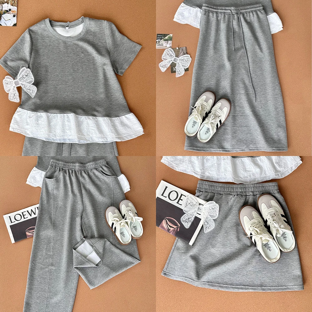 夏季休闲拼接花边下摆撞色短袖+休闲裤/短裙/长裙 5893