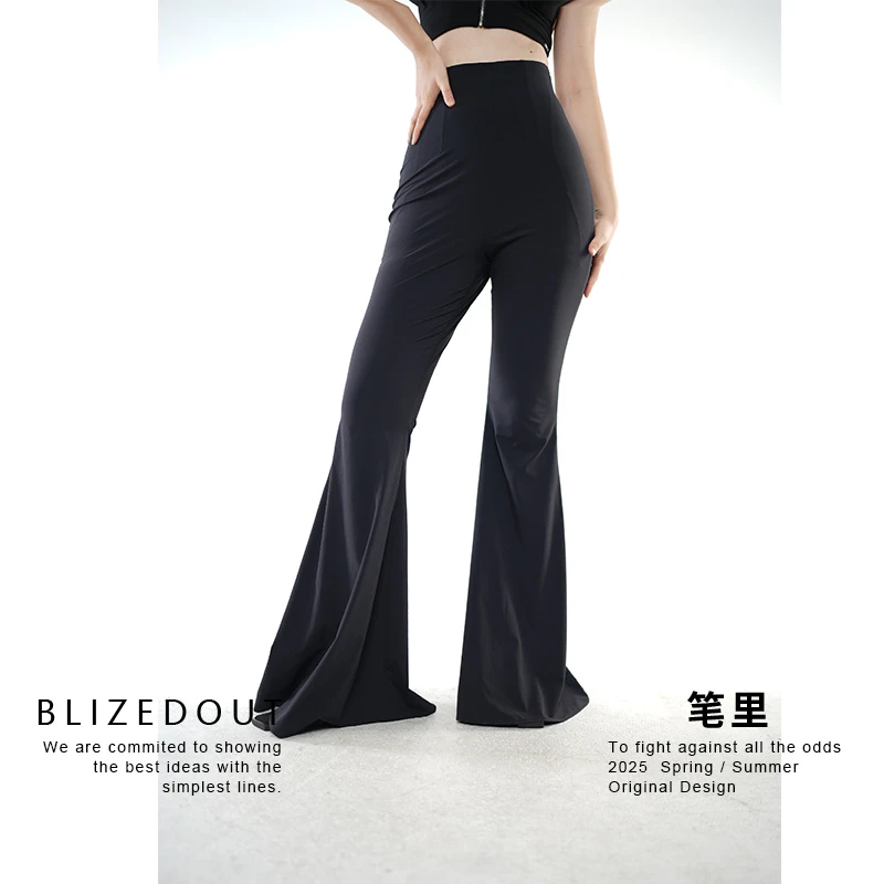 笔里【BLIZEDOUT】原创设计5080203黑色高腰紧身弹力显瘦休闲微喇裤