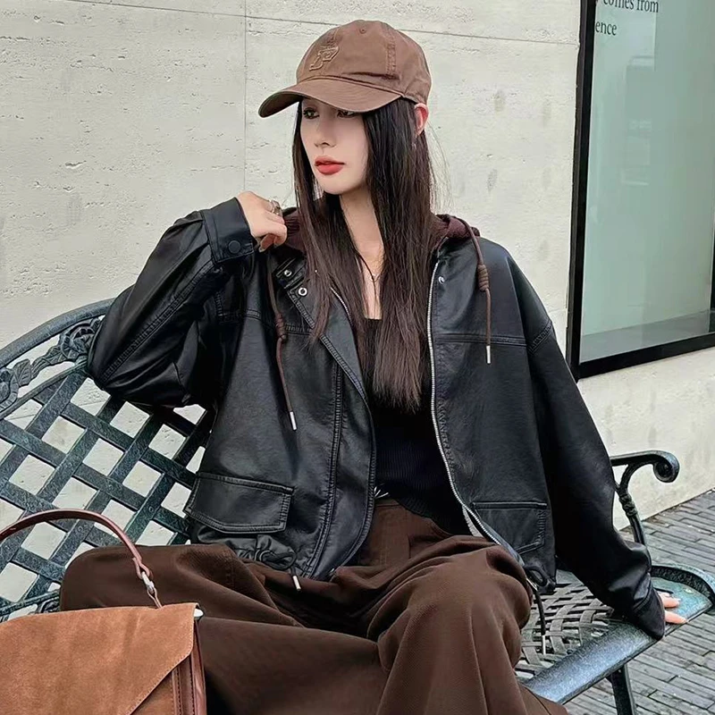 可脱卸帽韩版加绒黑色皮衣外套女秋冬季百搭韩版时尚宽松皮夹克潮