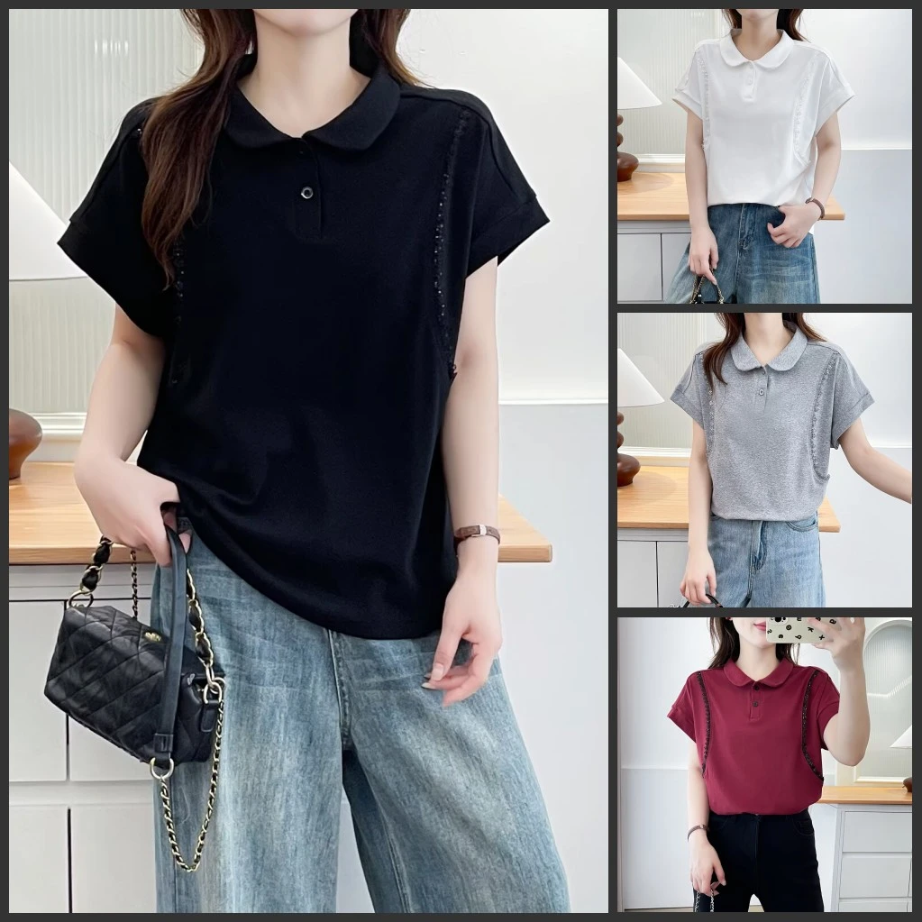 【琦琦】110-190斤大码女装小众翻领休闲风花边装饰短袖T恤上衣