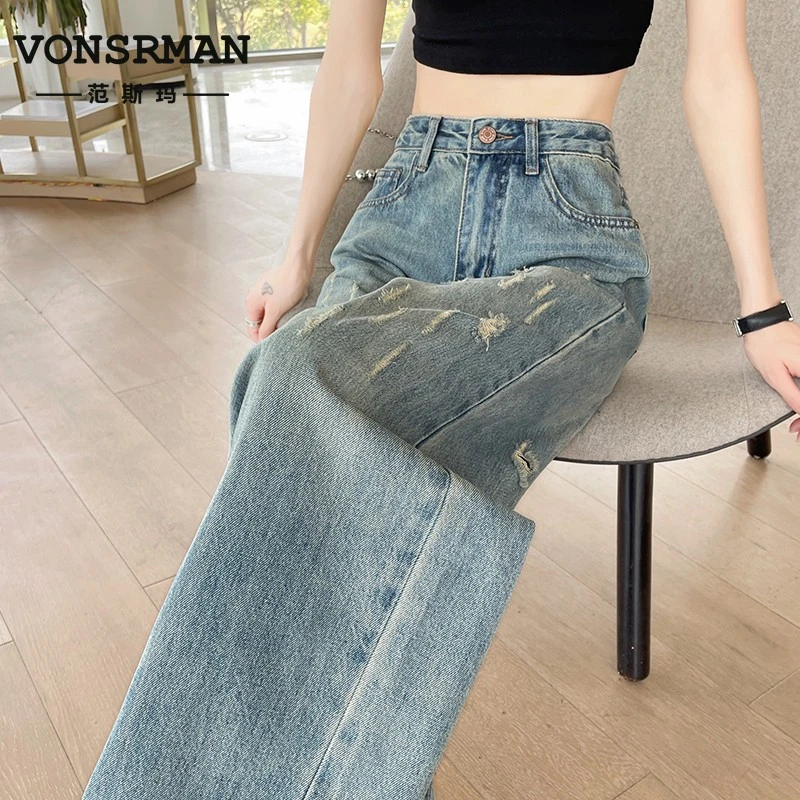 VONSRMAN浅色破洞阔腿牛仔裤女高腰2025年春夏新款宽松休闲显瘦直