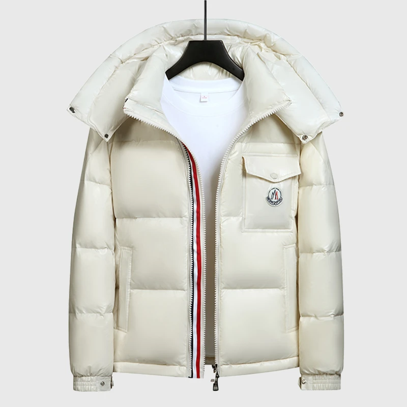 蒙口平羽绒服男短款2025冬季新款彩条亮面加厚保暖鹅绒服女款外套