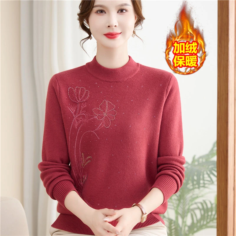2025新款妈妈冬装加绒加厚毛衣中老年女装半高领一体绒百搭打底衫