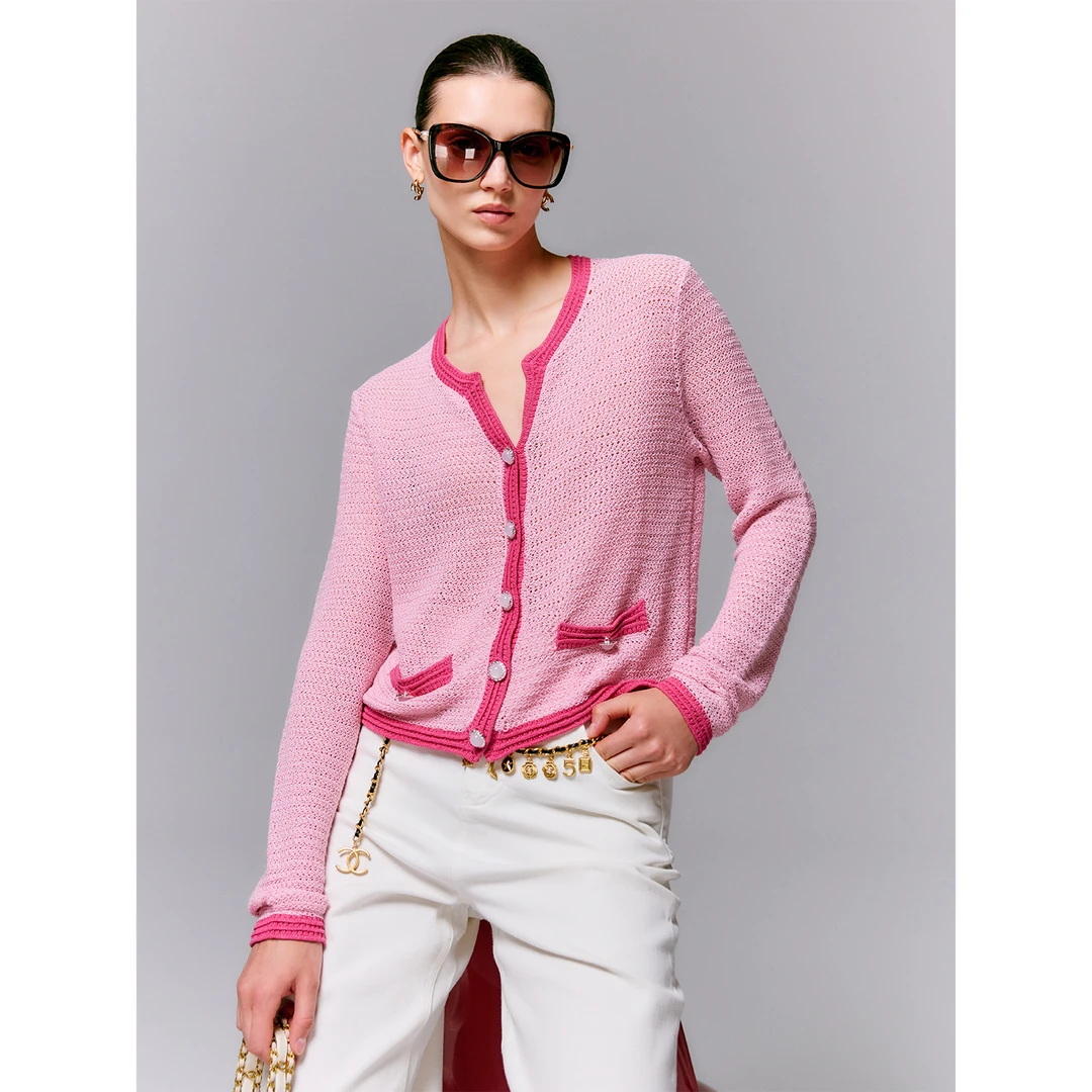 玖着'夏日限定'定染和纸棉错位吊目/谷波撞色边轻透香风针织开衫