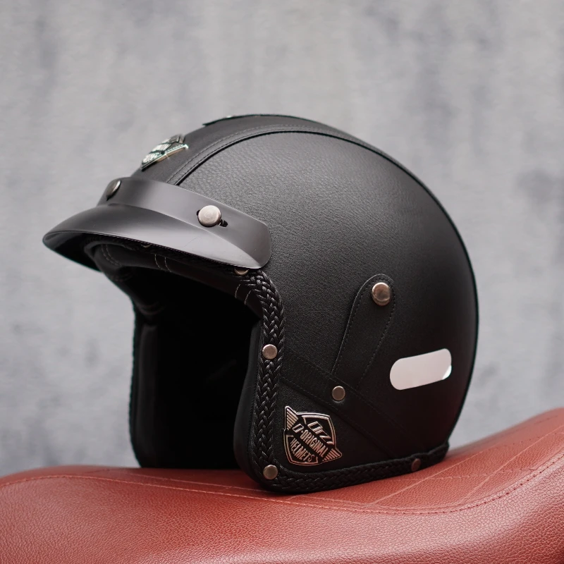 Orz复古摩托车头盔男女电动车踏板车PU皮半覆式3/4半盔3C认证A类