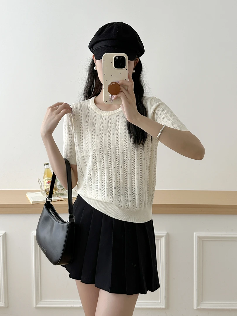 春夏显瘦温柔风时尚提花百搭短袖针织衫ins韩系休闲打底上衣2255