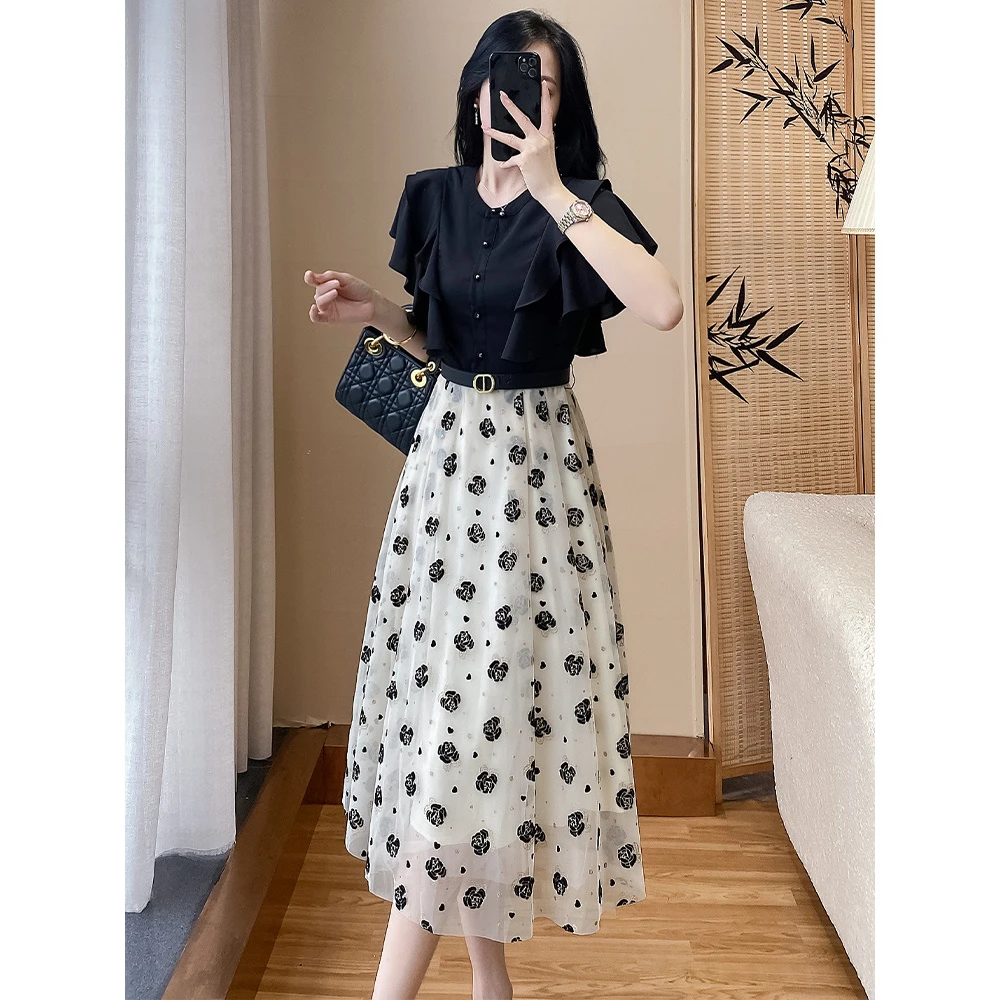 2025年夏季新款女装高腰显瘦长裙茶歇法式气质拼接无袖连衣裙