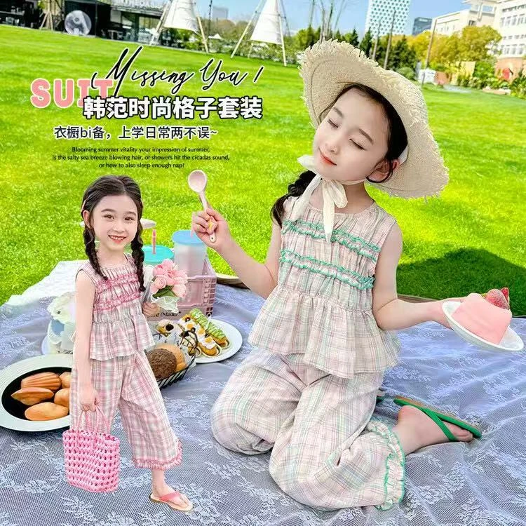 女童格子套装2025新款夏季多巴胺洋气时髦女孩儿童穿搭两件套