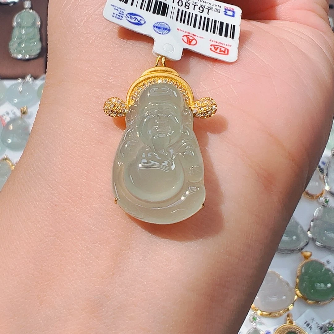 吊坠(不含链)18K金镶嵌翡翠财神爷