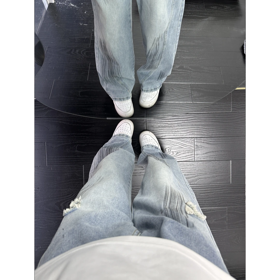 破洞弯刀牛仔裤男款夏季美式高街cleanfit微喇长裤潮牌宽松阔腿裤