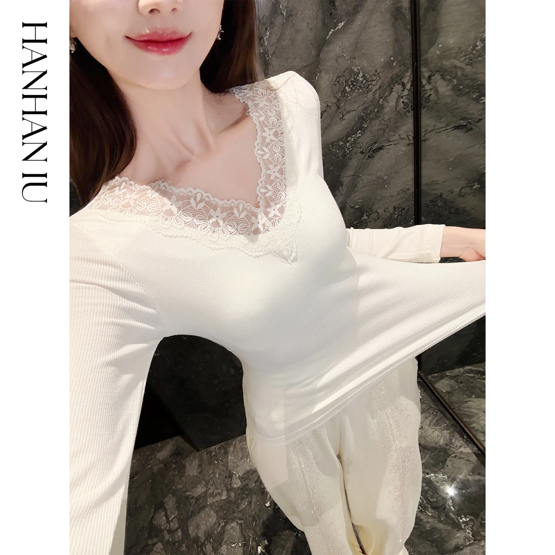韩韩IU【温热奶咖】时尚百搭修身显瘦蕾丝花边自带胸垫女士秋冬上衣
