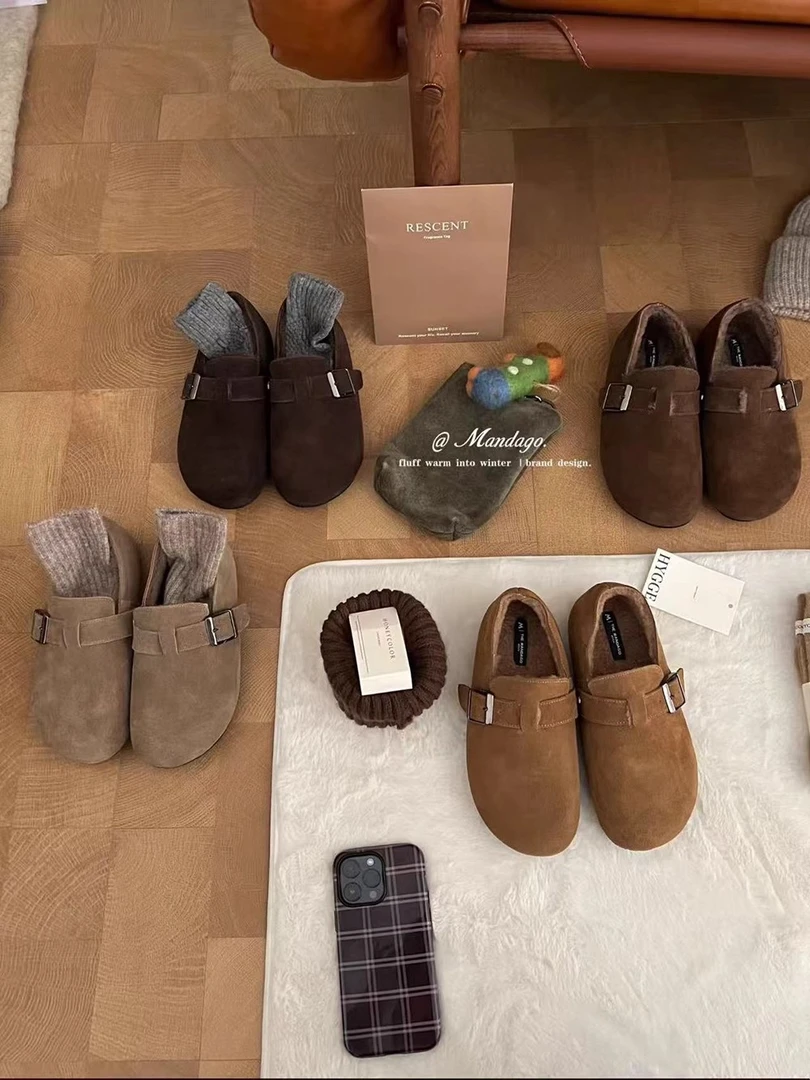 ONEXH·2025冬季新款女加绒牛皮保暖一脚蹬毛毛鞋韩系豆豆鞋