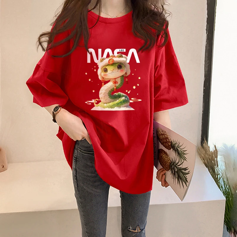 2025蛇年本命年衣服红色纯棉短袖t恤女喜庆新年上衣洋气小衫半袖