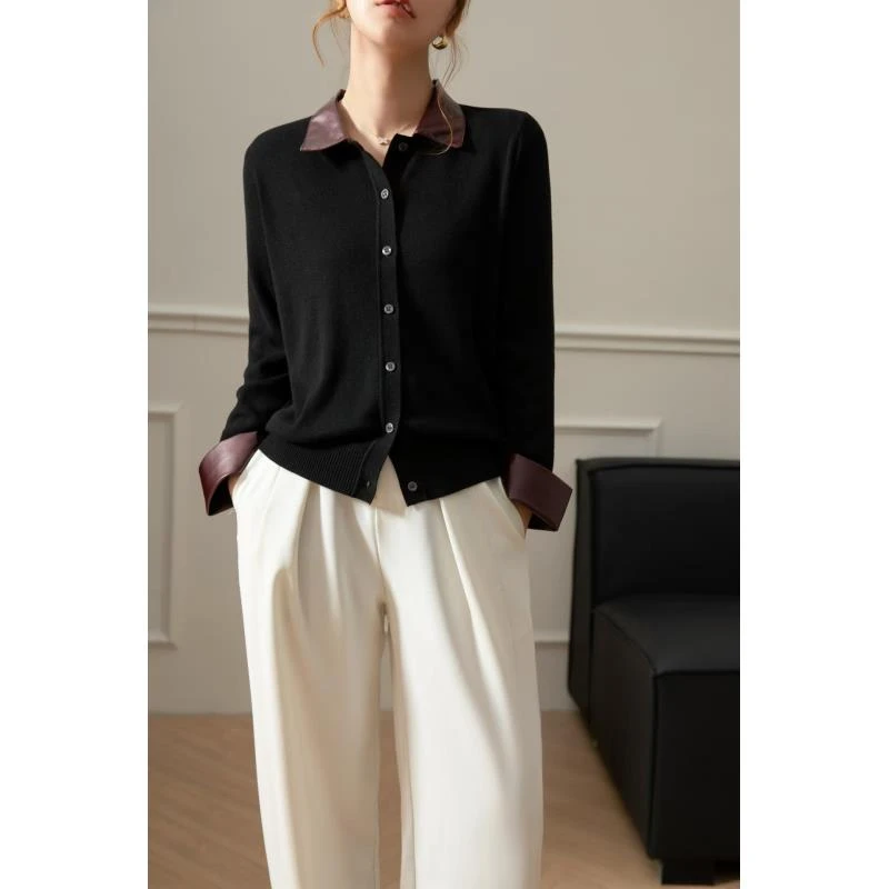 羊毛羊绒~胸102-160长57长袖开衫毛针织衫气质针织衫翻领 7435