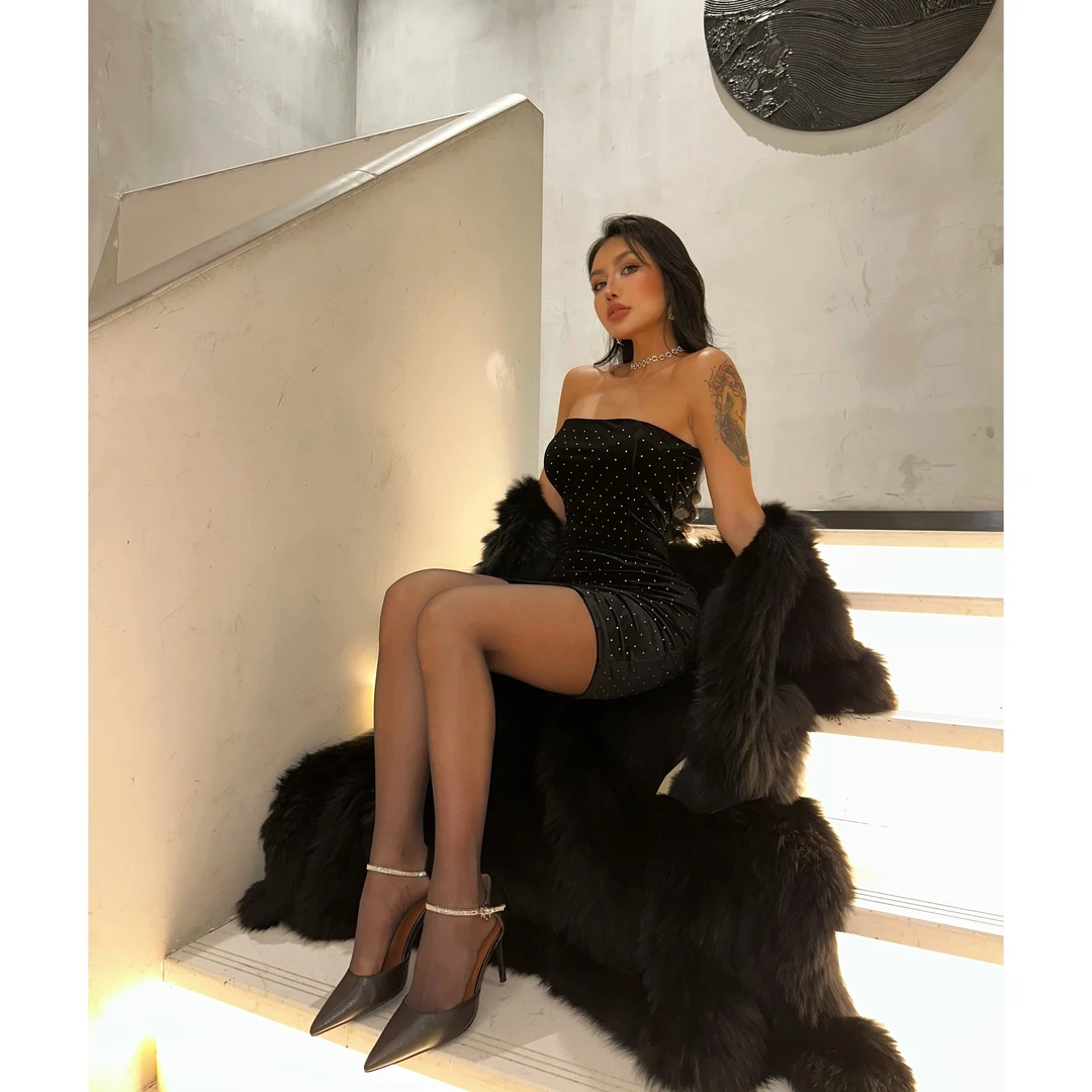 【蜜蜜家】少女祈祷 欧美辣妹名媛宴会氛围感丝绒烫钻连衣裙 Y299