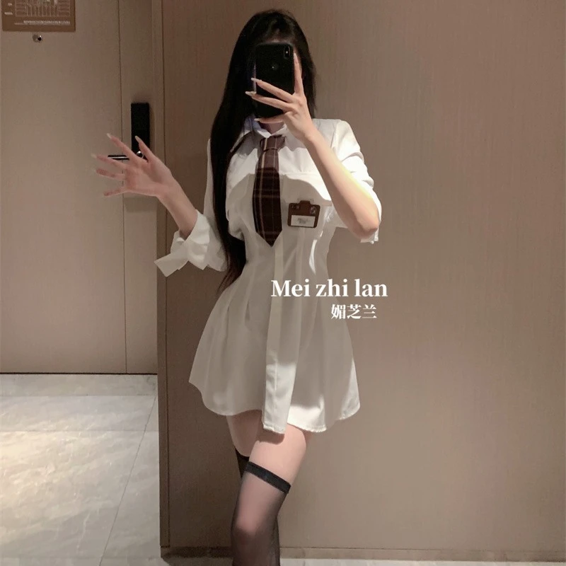 私房纯欲风长袖衬衫连衣裙女情趣薄款设计感收腰显瘦A字短裙制服