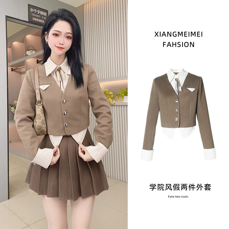 学院风女美式短款假两件上衣秋POLO领高腰长袖高腰蝴蝶结衬衫外套