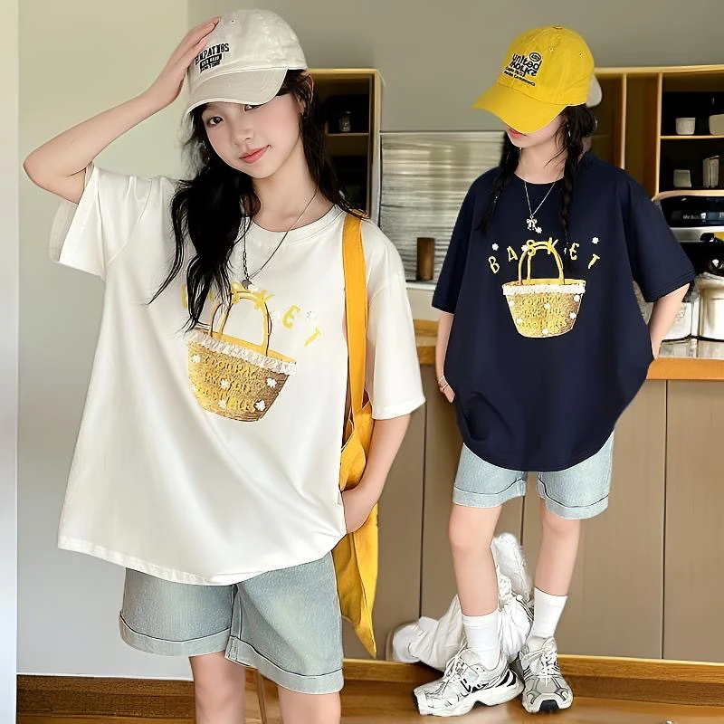 女童夏季短袖短裤套装2025新款儿童洋气韩版宽松休闲两件套中大童