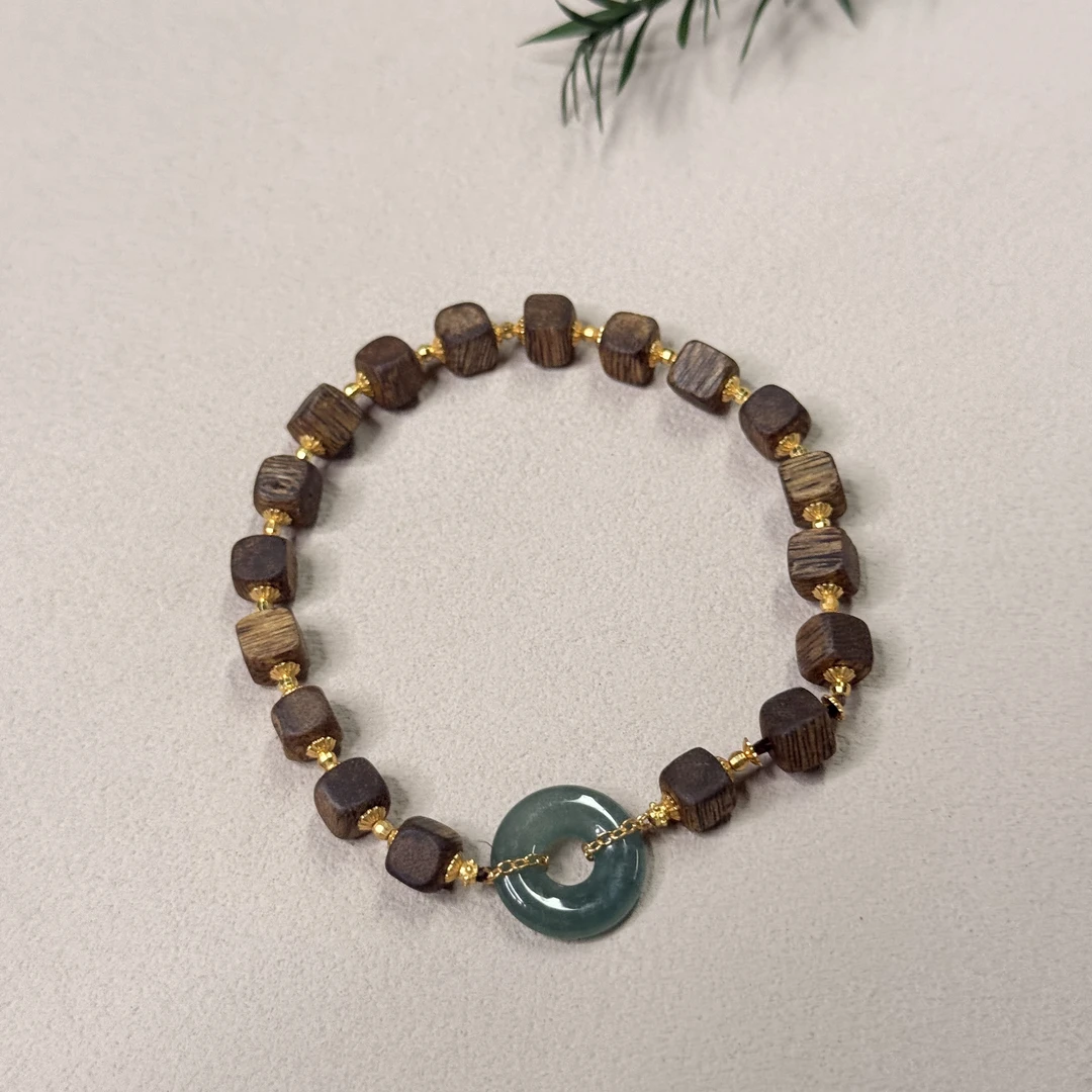 沉香【六六中古】天然沉香配翡翠手串te9576**