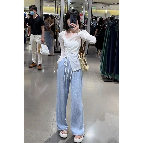 春季V领抽绳轻薄防晒上衣细闪裤子套装