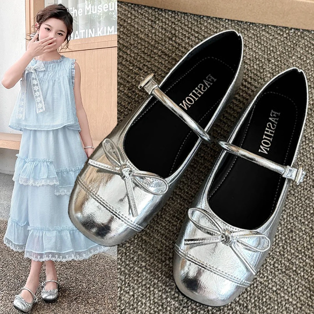 女童银色小皮鞋中大童公主鞋子2025春夏初中生小女孩软底儿童单鞋