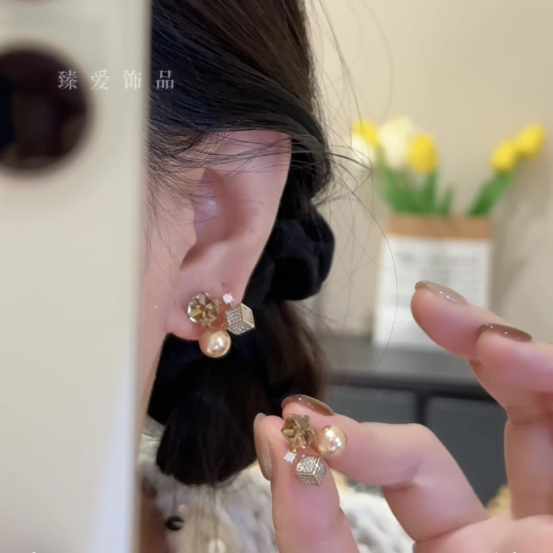 铜合金合成锆石耳饰 精致法式复古方糖耳钉耳环