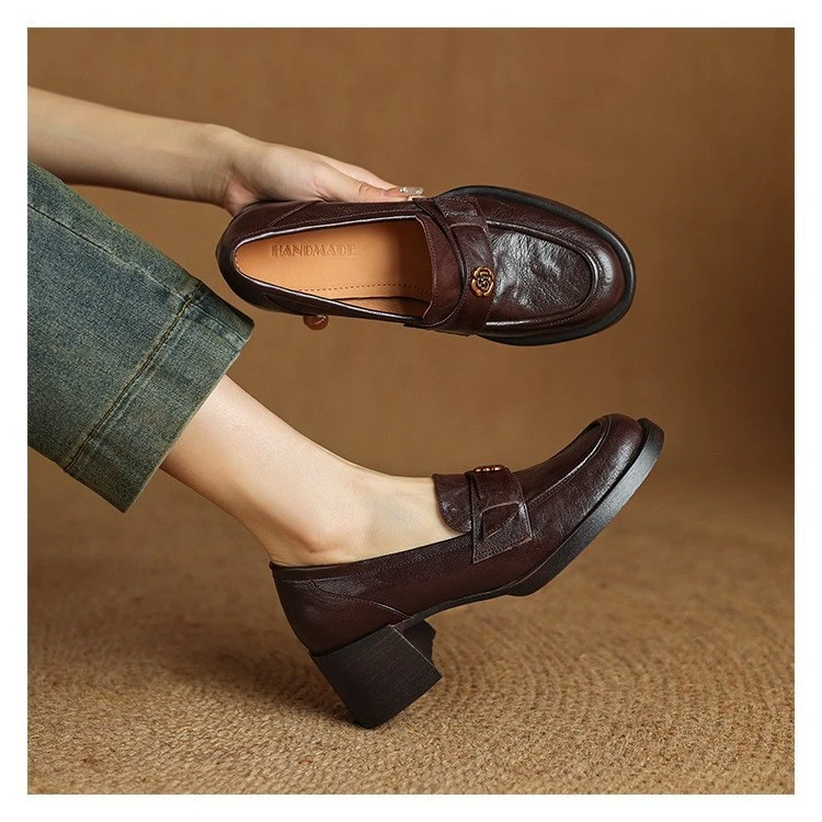 软牛皮黑色高跟山茶花乐福鞋2025春秋新款英伦风一脚蹬厚底单鞋女