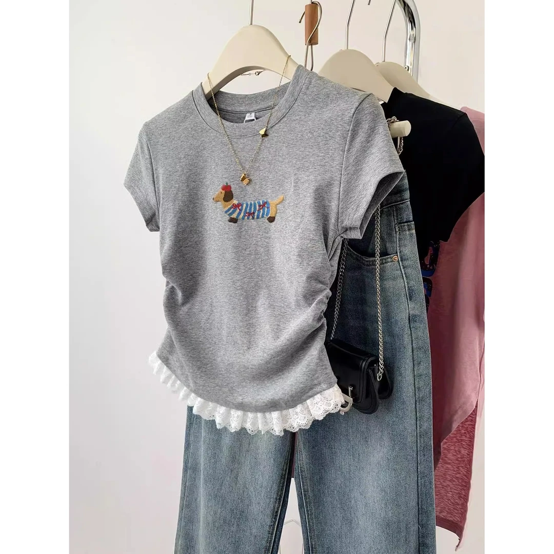 灰色蕾丝花边小狗短袖t恤女夏季2025夏款小个子短款正肩收腰上衣