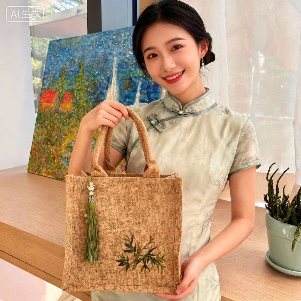 梵依缘青竹小清新防水高档礼袋中国风中式时尚ins百搭手提黄麻包