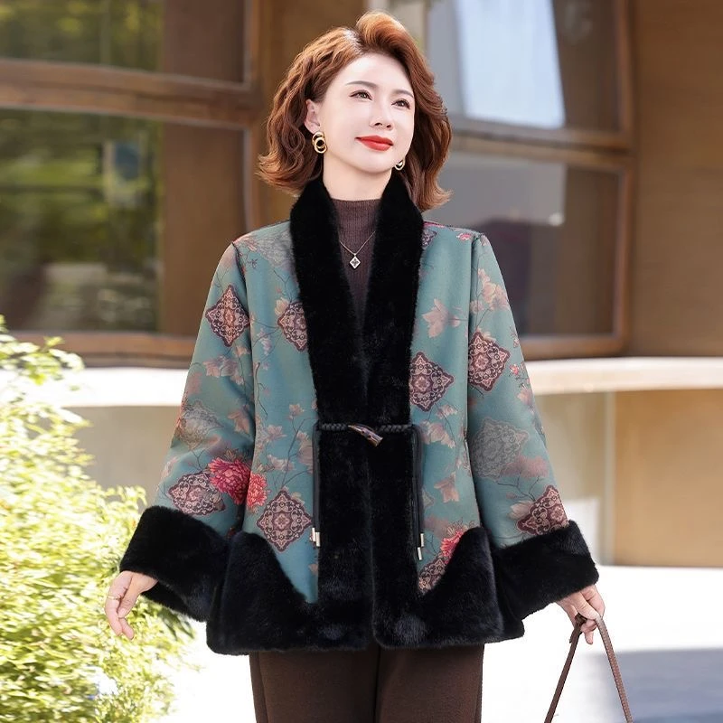 中长款厚款民族风常规中老年女装加绒盘扣中式双面穿外套