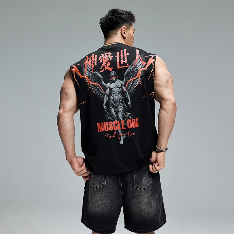 肌肉狗 潮牌运动背心男夏季美式印花宽松坎肩休闲训练健身上衣