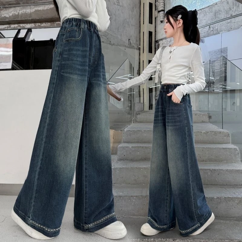 女童春秋款牛仔阔腿裤2025中大童时髦刺绣钉珠裤子儿童秋季牛仔裤