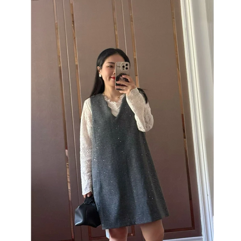 【Zoe轻奢】月下檀香·波浪边V领珠片马甲连衣裙250017