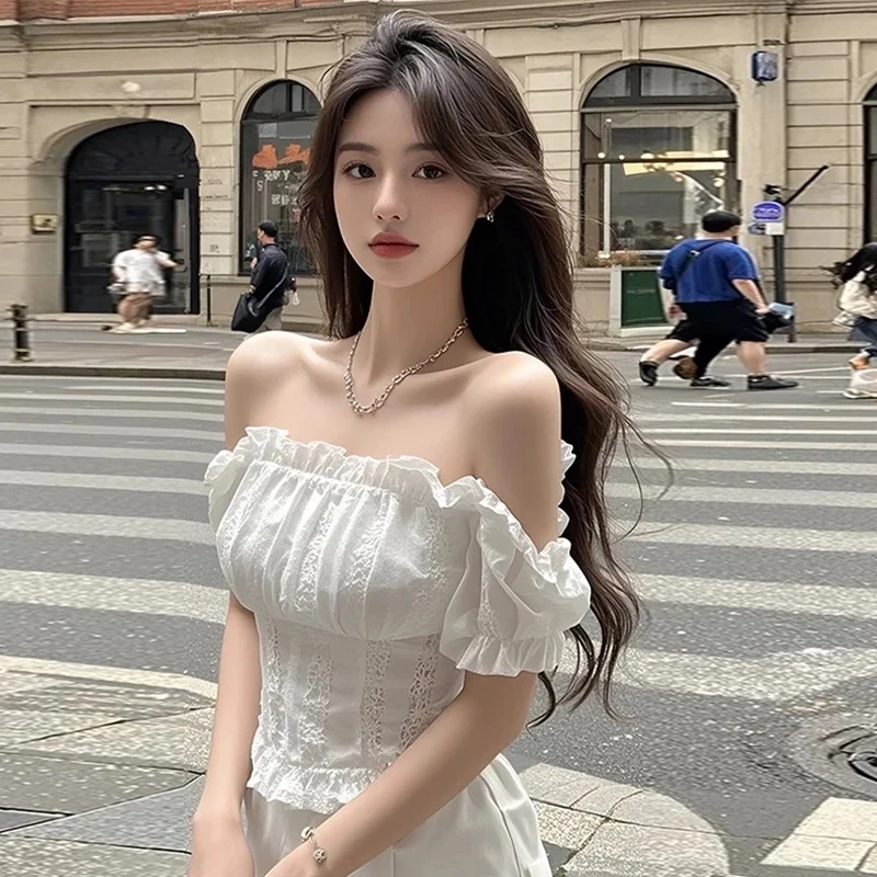 【KEKE】欧若风法式网纱花边雪纺衬衫女夏季新款短款甜美一字领上衣