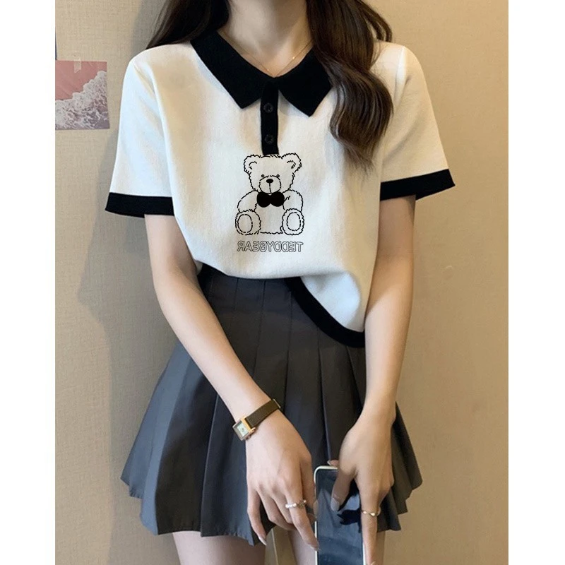 翻领正肩显瘦印花短袖女装新款百搭宽松纯棉t恤小个子POLO学院风