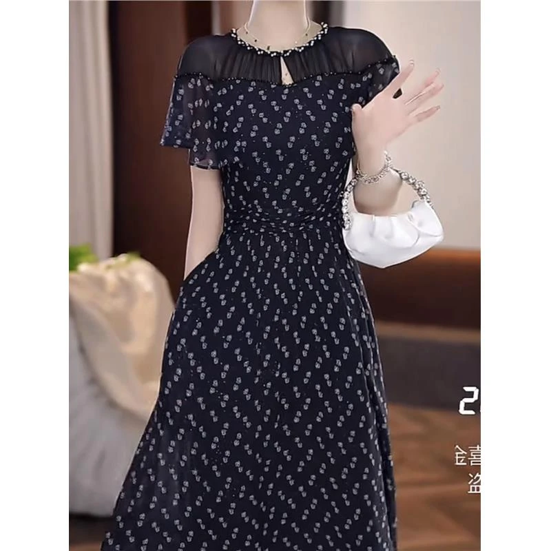 高级星空丝面料荷叶边连衣裙女夏季2025新款法式气质显瘦礼服裙子