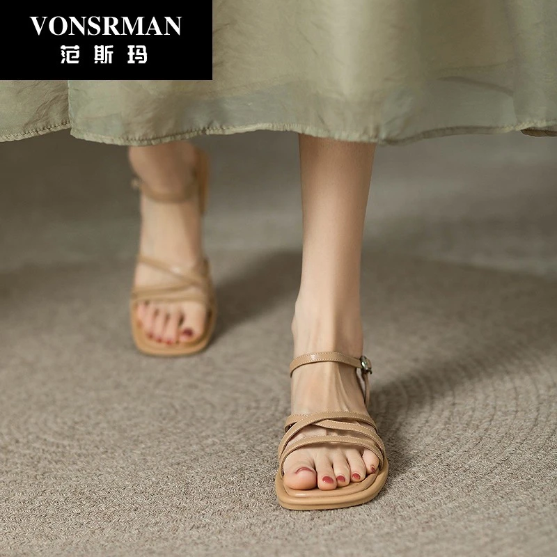 方头一字带平底凉鞋女2025年夏季新款软底细带罗马鞋百搭小众鞋子