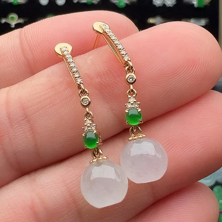 翡翠18K金镶嵌耳饰珠子7.6