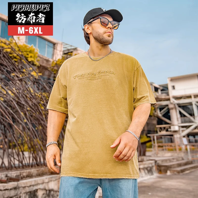 纺布者大码男装夏季复古水洗美式短袖T恤胖子宽松半袖潮流体恤男