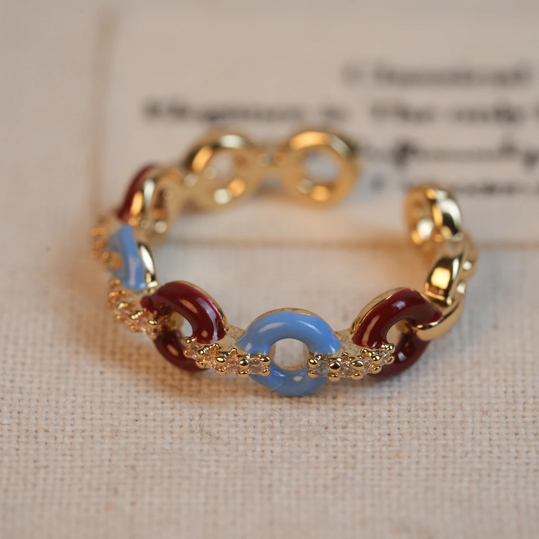 铜合金戒指 [甜甜圈戒]轻奢精致时尚镶嵌小众简约指环可调节百搭