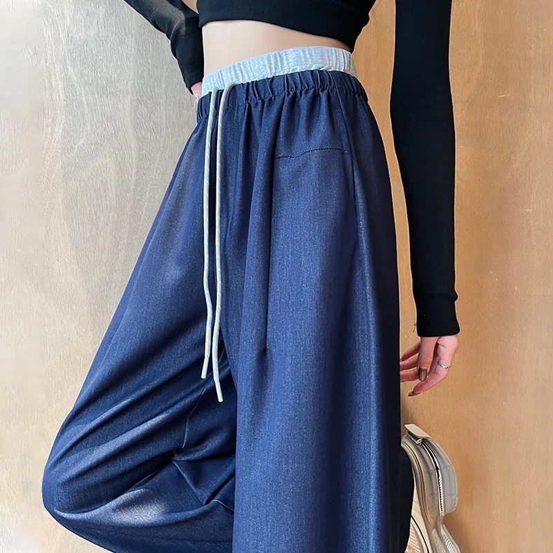 松紧腰阔腿牛仔裤女宽松垂感夏季薄款显瘦直筒裤冰丝拖地裤子