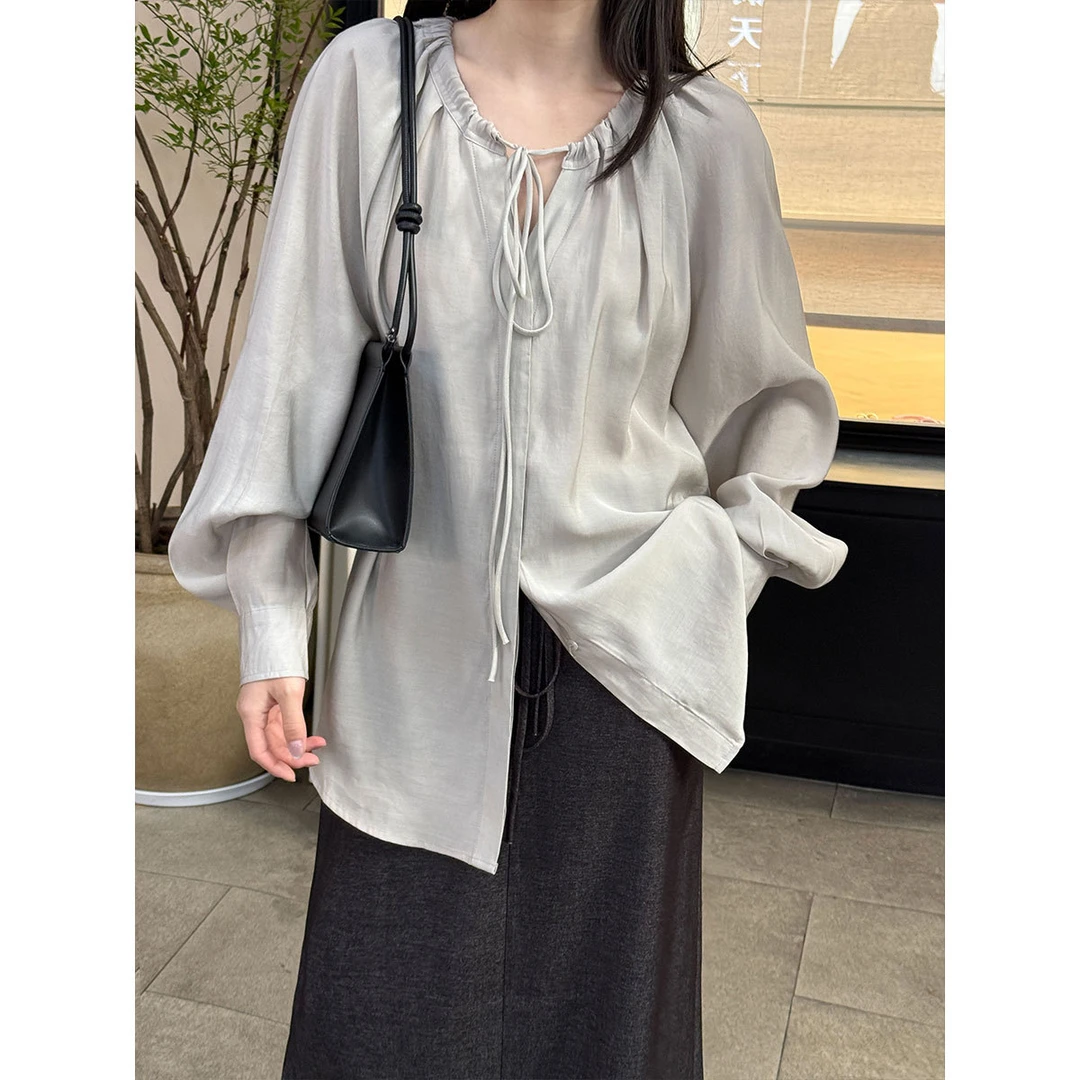 天丝轻盈透感领口抽褶系带衬衫宽松薄款女夏季新款衬衣长袖上衣