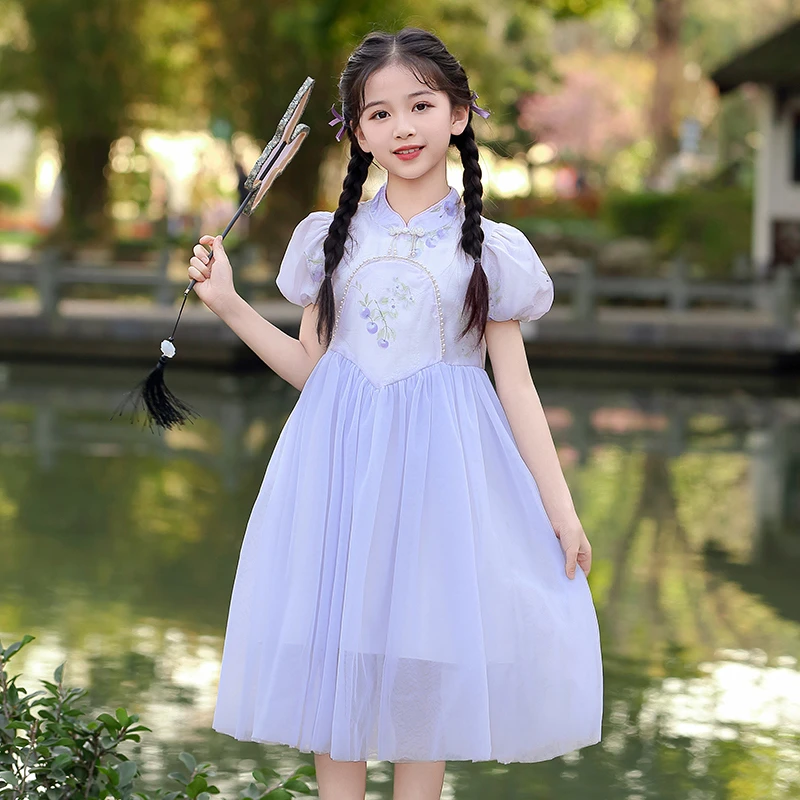 女童连衣裙夏装2025新款女大童国风旗袍纱裙夏泡泡袖女孩洋气裙子