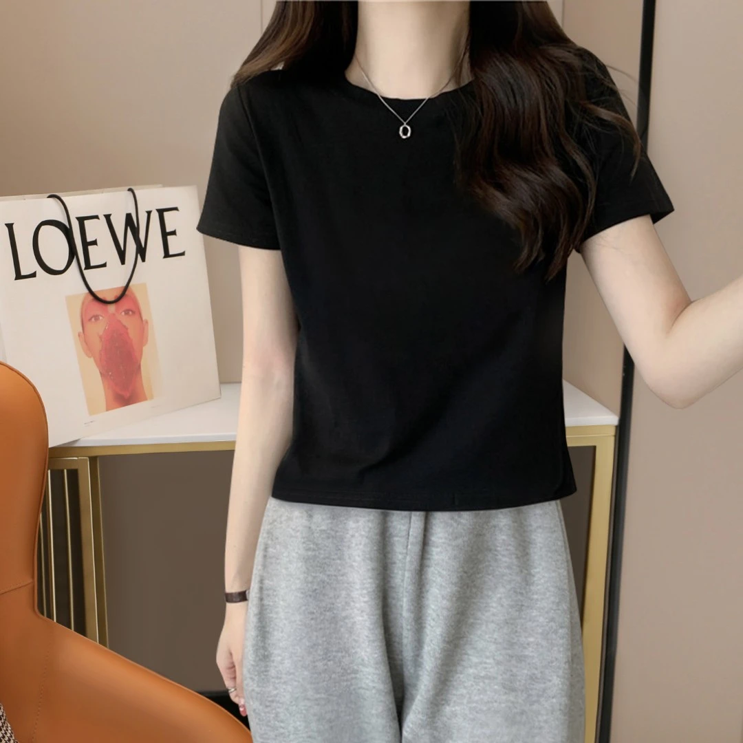 夏季新款纯色短袖T恤女减龄设计感显瘦百搭正肩韩版内搭圆领上衣