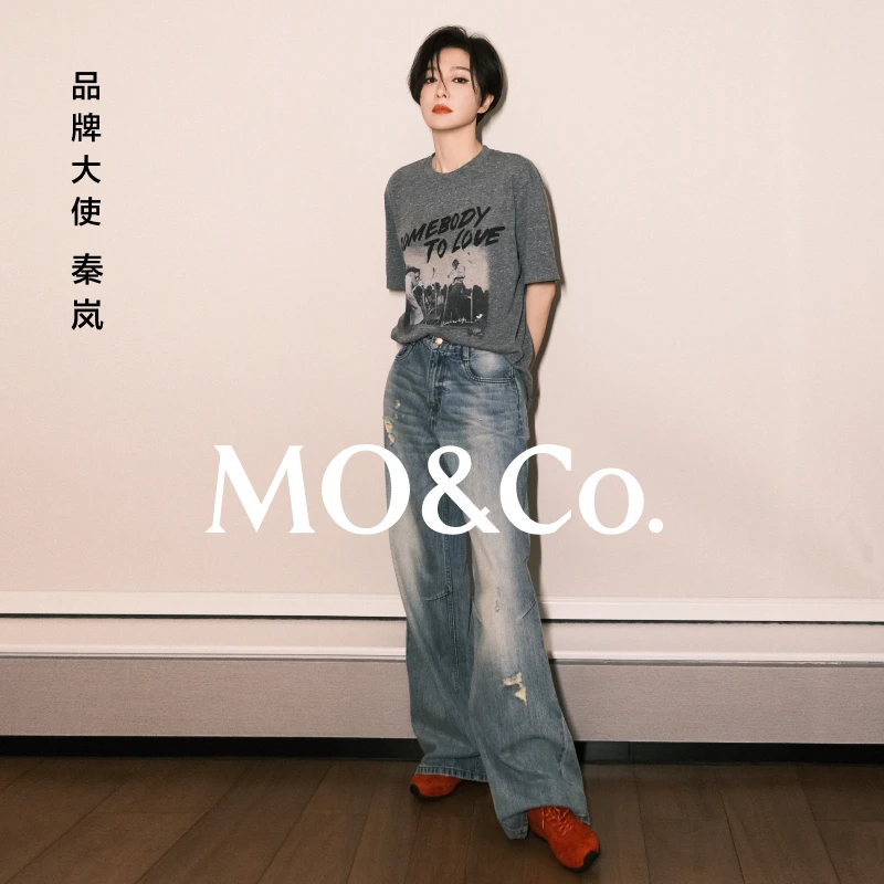 【moco秦岚同款】牛仔裤2025春新品棉质中腰洗水烂边MBE1JENT08