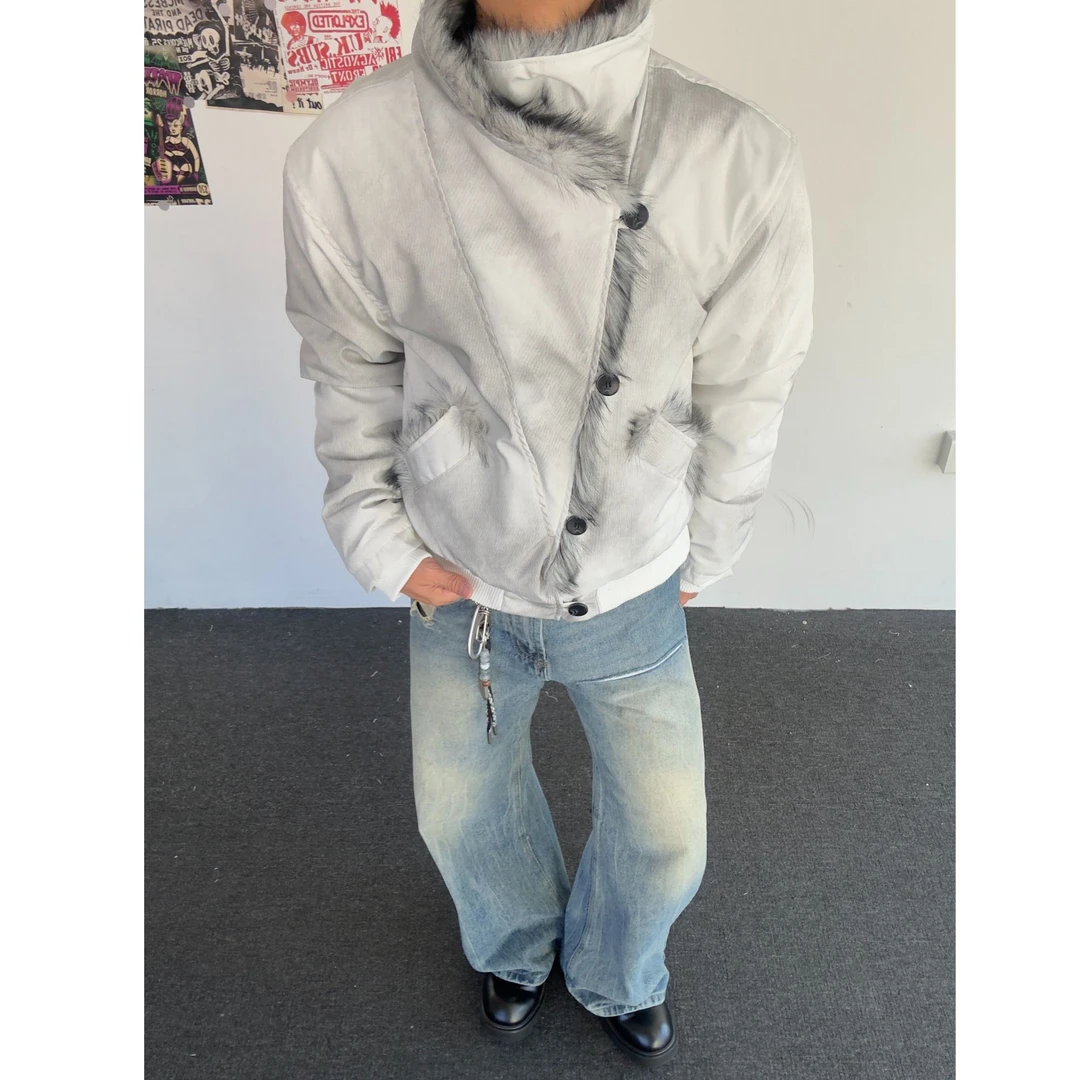 美式街头毛绒翻领座山雕棉服设计感斜扣扎染男女秋冬棉服夹克外套