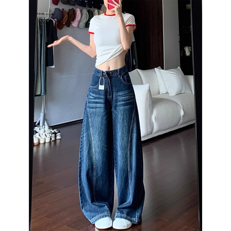 复古水洗蓝色牛仔裤女2025早秋新款大码高腰宽松拖地阔腿裤子