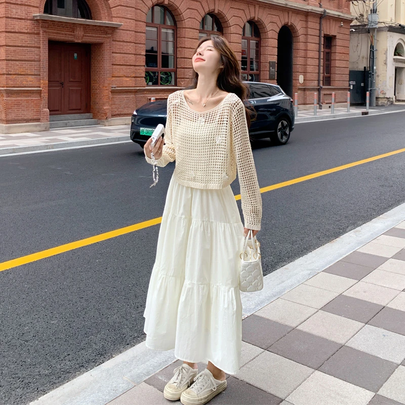 韩系温柔风镂空罩衫吊带裙2025早秋新款复古气质显瘦ins风套装裙