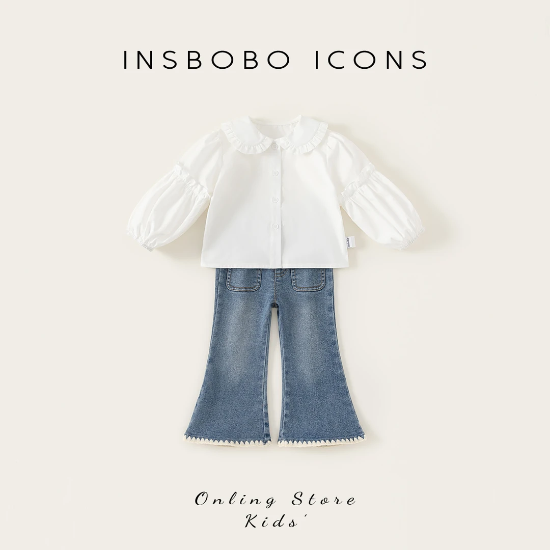 CT25118【春】儿童套装（简约娃娃领衬衫+花边牛仔喇叭裤两件套）
