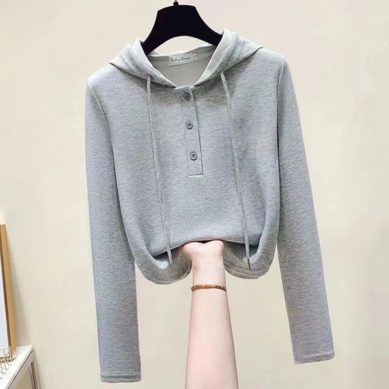 复古港风连帽体恤打底衫春秋季女新款时尚减龄休闲修身显瘦上衣潮